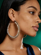 Luxury oversized rhinestone hoop earrings worn by model, elegant bridal jewelry with sparkling crystal accents and timeless gold finish.